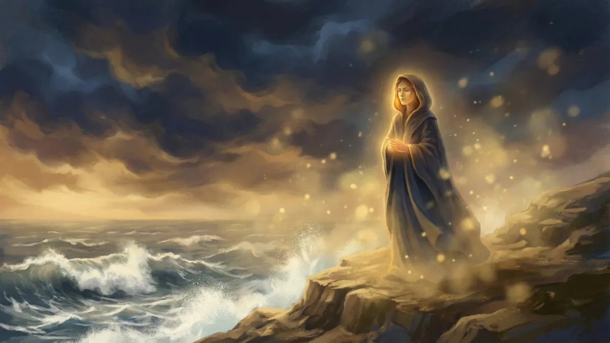 A lone figure stands on a rugged, windswept cliff overlooking a vast, turbulent ocean under a dramatic sky, their face illuminated by a soft, internal glow, signifying a profound moment of clarity and emotional release after deep reflection. The air around them shimmers with a warm, almost luminous quality, suggesting healing and integration amidst the wild natural beauty. They are not battling the storm, but rather observing it with a newfound inner peace.