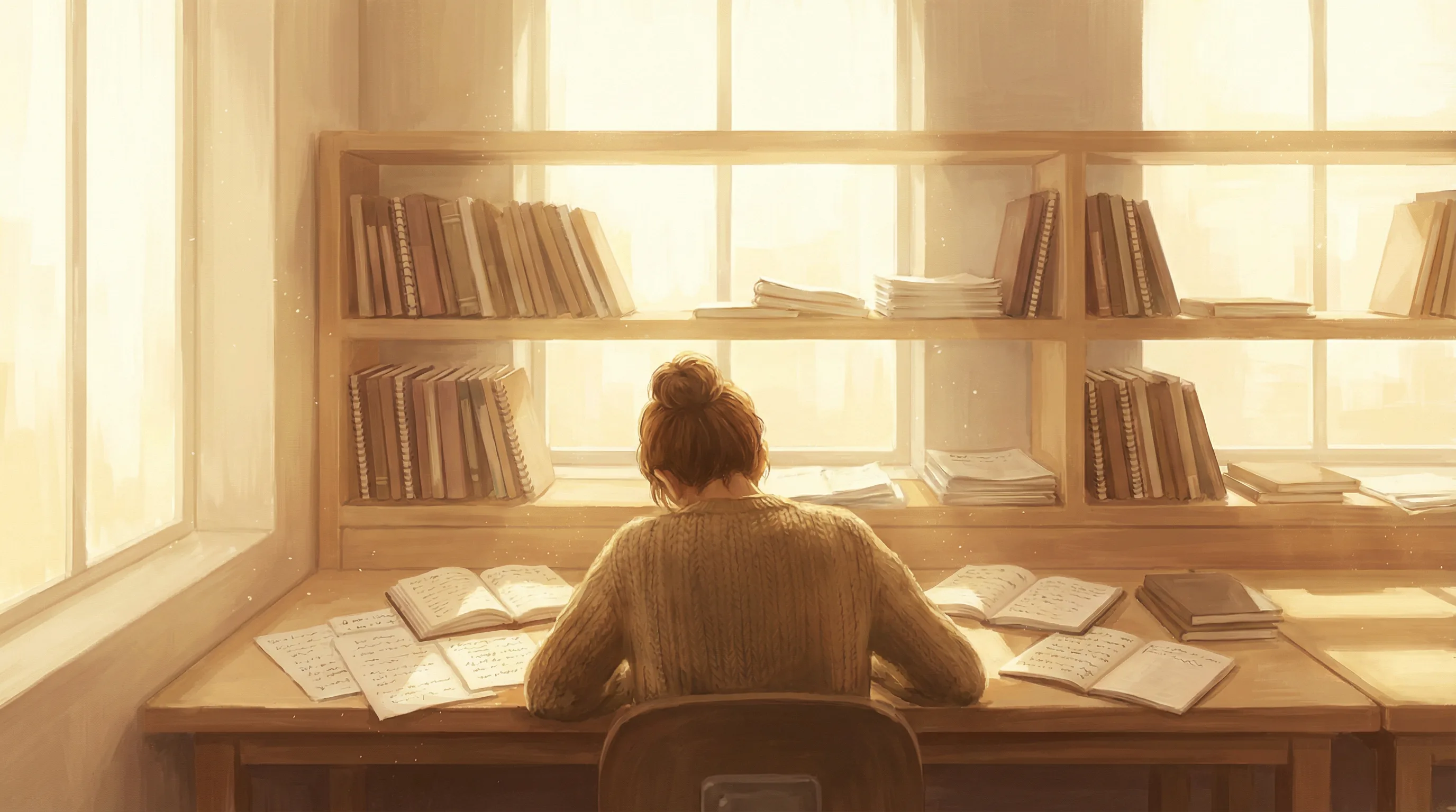 A person sits in a brightly lit, minimalist study, surrounded by neatly organized journals and thoughtful notes, a sense of deep focus and clarity radiating from them. The light is soft and encouraging, illuminating their path of self-discovery and methodical introspection.